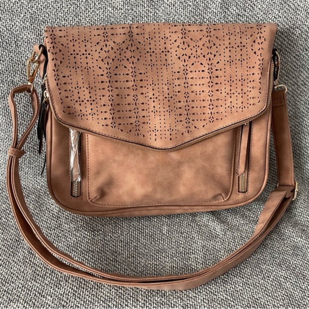 Violet Ray Leanna Laser Target Cut Flap Faux Leather Chic Tan Crossbody Bag